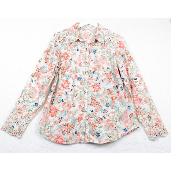 SUNDANCE Wildflower Floral Eyelet Lace Trimmed Blouse Button Up Cottagecore Sz M - Picture 1 of 7